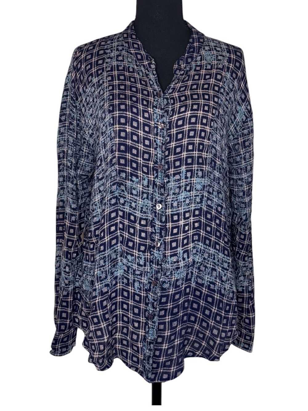 Free People Navy and Light Blue Geometric Button-Down Shirt